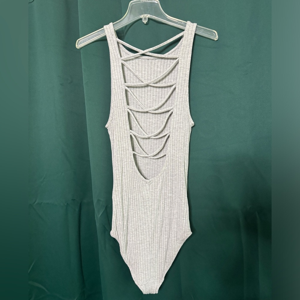 Heather Gray a&F Bodysuit with Criss Cross Back cutouts